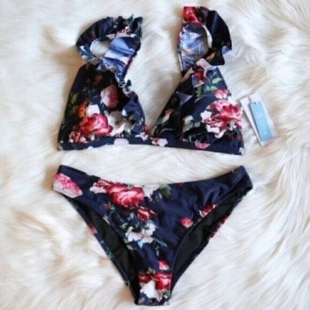 NEW Blue White Floral Print Bikini Set Size Large Bathing Suit Swim